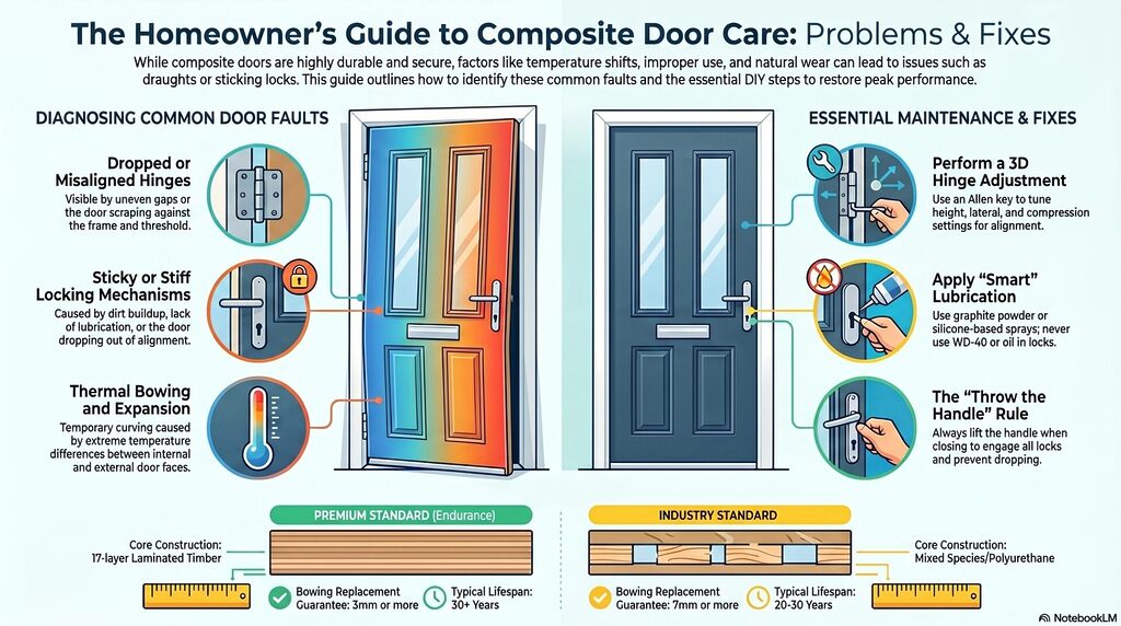 blog 22 infographic | GFD Homes GFD Homes Infographic comparing common door faults and maintenance steps for composite doors, showing hinges, locks, and lubrication tips.