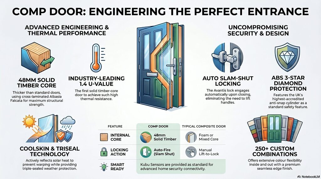GFD Homes Infographic about Comp Door features: timber core, tight U-value, auto locking, security shield, and 250+ custom finishes around a central door image
