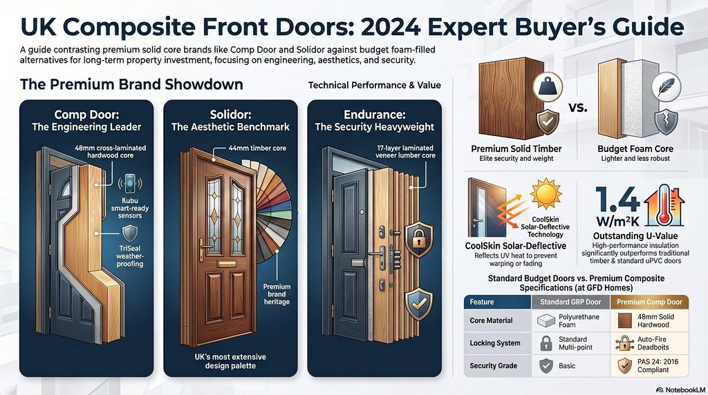 GFD Homes Infographic about UK composite front doors: three tall panels labeled The Premium Brand Showdown and a right-side comparison of Premium Solid Timber vs Budget Foam Core with icons and specs.