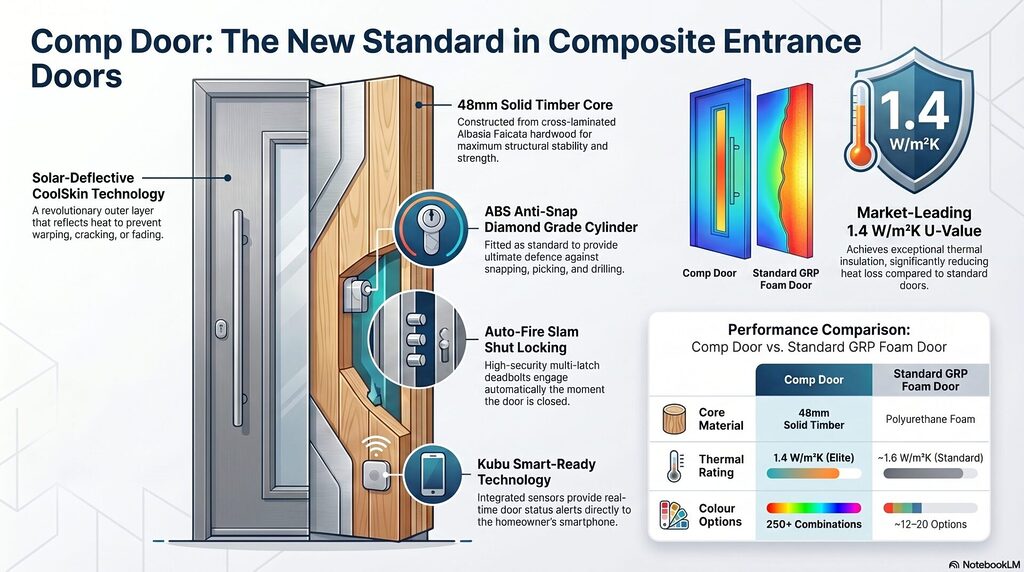 GFD Homes Infographic illustrating advanced composite entrance door with timber core, heat‑reflective outer layer, ABS anti-snap cylinder, and smart technology hub.