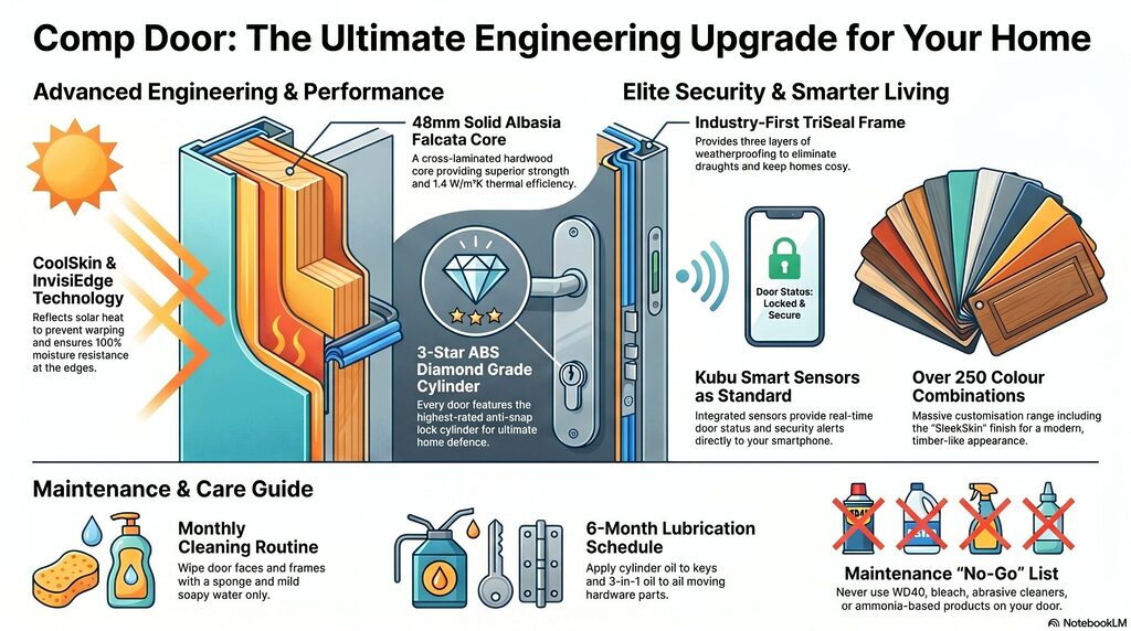 blog 26 infographic | GFD Homes GFD Homes Infographic about premium entry door features: engineering, security, smart lock, and color options for home use.