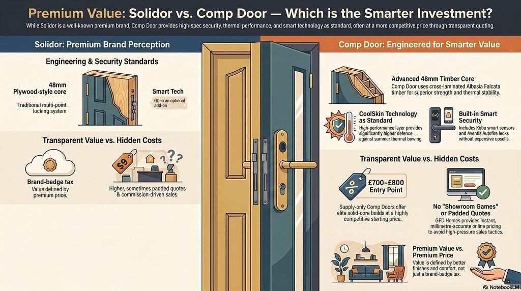 blog 27 infographic | GFD Homes GFD Homes Infographic comparing Solidor vs. Comp Door on value and features, featuring a large central door image.