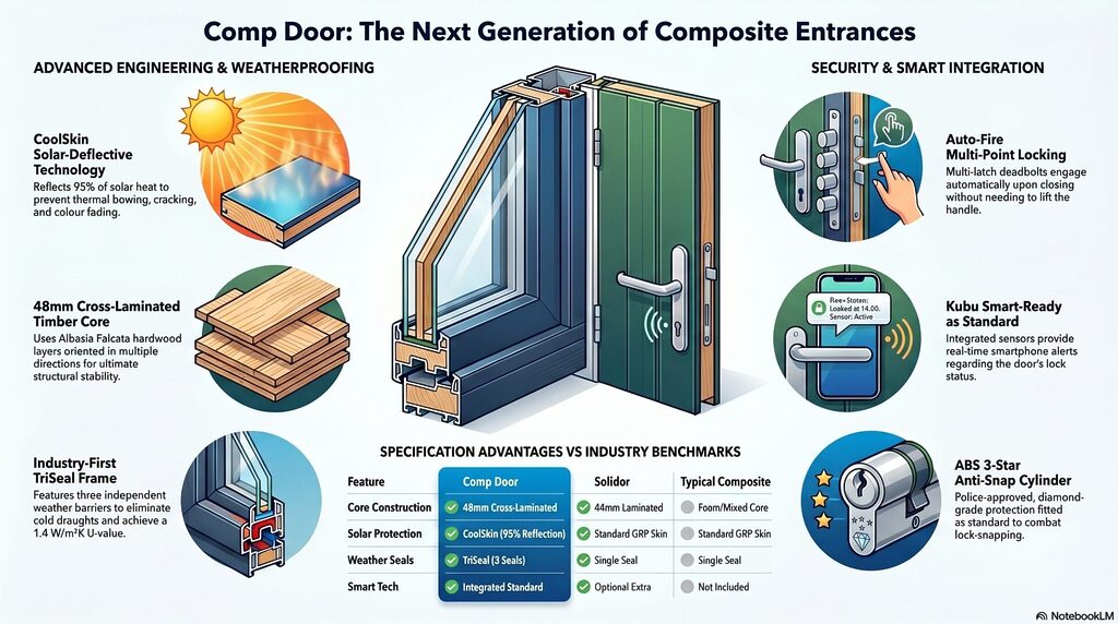 blog 28 infographic | GFD Homes GFD Homes Infographic about next-generation composite entrance doors, with a central door and icons for solar protection, timber core, locking, and smart sensors around it.