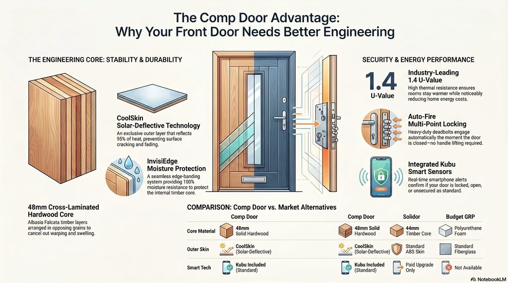 blog 29 infographic | GFD Homes GFD Homes Infographic about The Comp Door Advantage, showing a wooden core door, insulation tech, and security features like auto-fire locking and smart sensors on a cross‑sectioned door diagram.