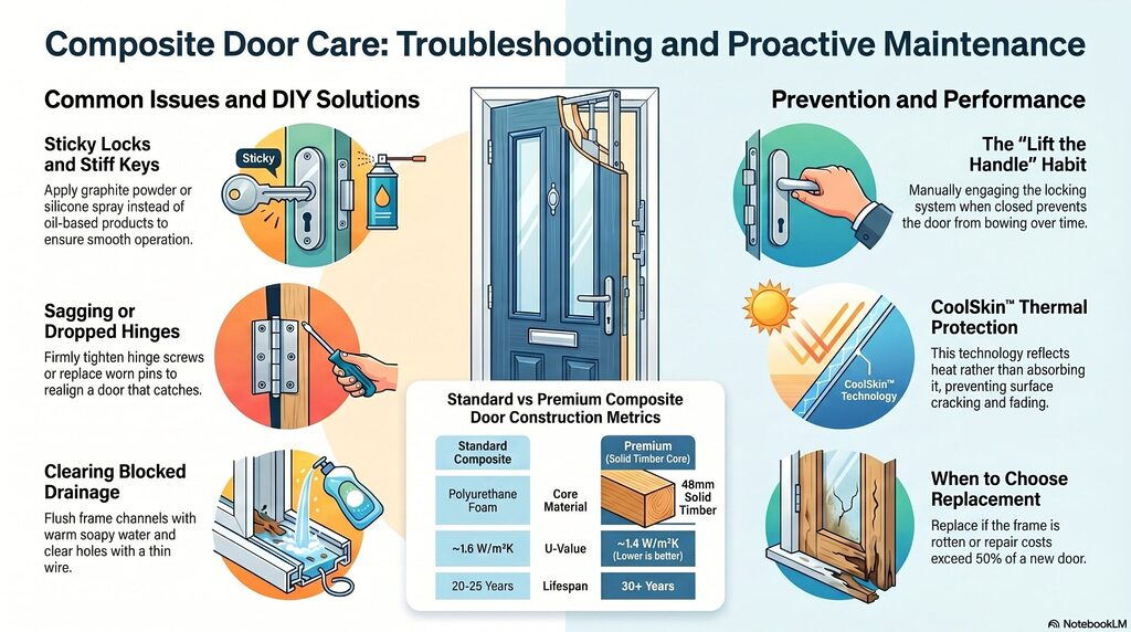 blog 3 infographic | GFD Homes GFD Homes Infographic on composite door care with a central door illustration and sections on common issues, DIY fixes, and prevention methods.