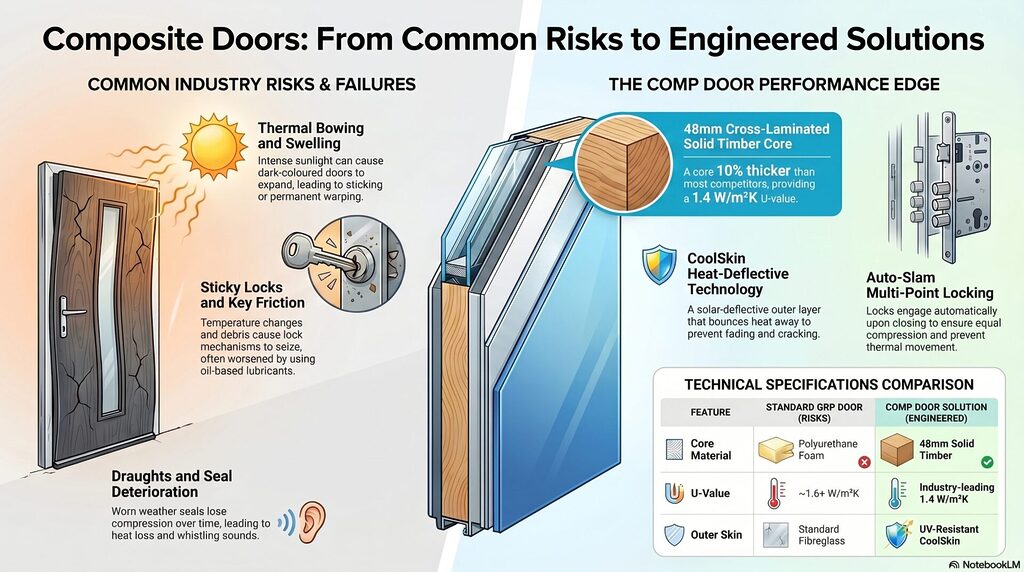blog 30 infographic | GFD Homes GFD Homes Infographic showing common door risks (warping, lock wear, drafts) on the left and engineered composite door solutions (timber core, cooling skin, multi-point lock) on the right.