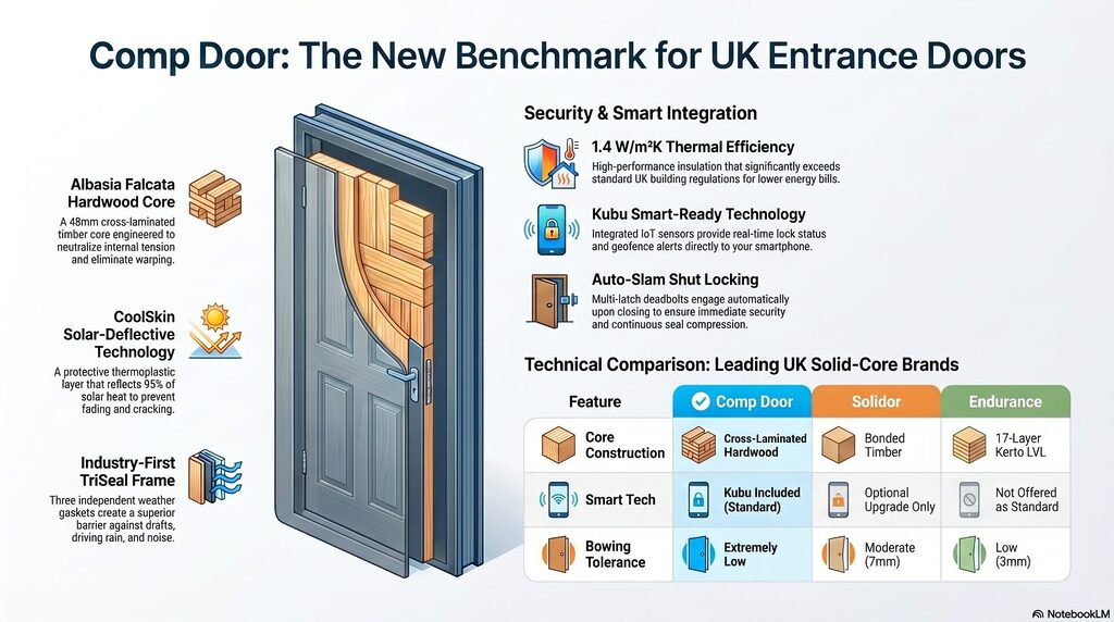 blog 31 infographic | GFD Homes GFD Homes Infographic about the Comp Door benefits and features, showing a cutaway door with notes on core, insulation, smart tech, and locking.