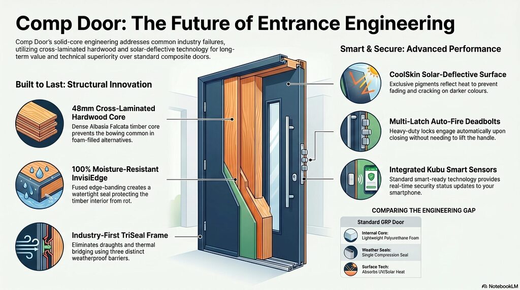 GFD Homes Infographic showing a sectional door with labeled features: steel core, moisture resistance, solar-deflective surface, auto-fire deadbolts, and smart sensors.