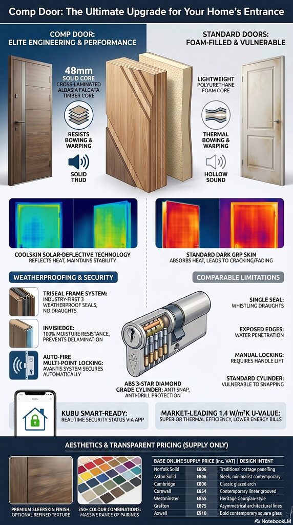blog 33 infographic | GFD Homes GFD Homes Infographic comparing two doors: elite solid-core door on the left and foam-core standard door on the right, with cross-section layers and feature icons from the comparison.