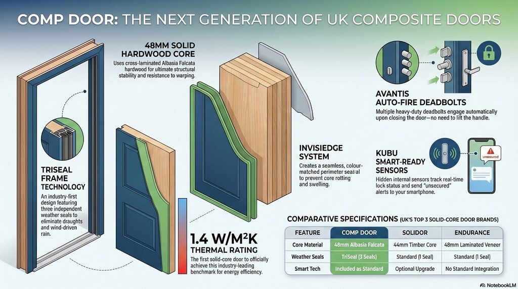 blog 34 infographic | GFD Homes GFD Homes Infographic showing next-gen UK composite door components: frame, core, seals, deadbolts, smart sensors and energy rating details.