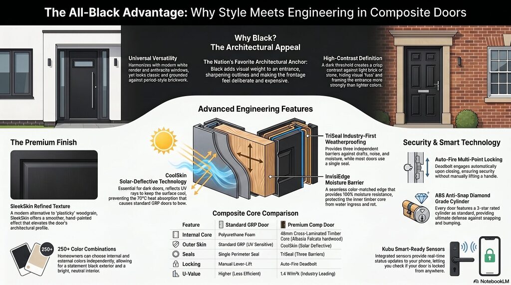 blog 35 infographic | GFD Homes GFD Homes Infographic showing the All-Black Advantage of composite doors, highlighting design benefits, features, and security tech across sections.