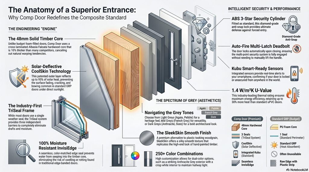 GFD Homes Infographic of a door assembly highlighting components such as core, layers, locks, and sensors in a cross‑section.