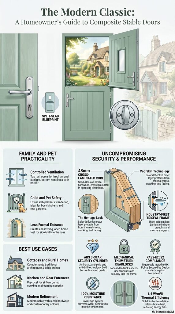 blog 37 infographic | GFD Homes GFD Homes Illustration of a green composite door with an open upper panel showing a sunny garden, highlighting a modern classic home entrance and security features.