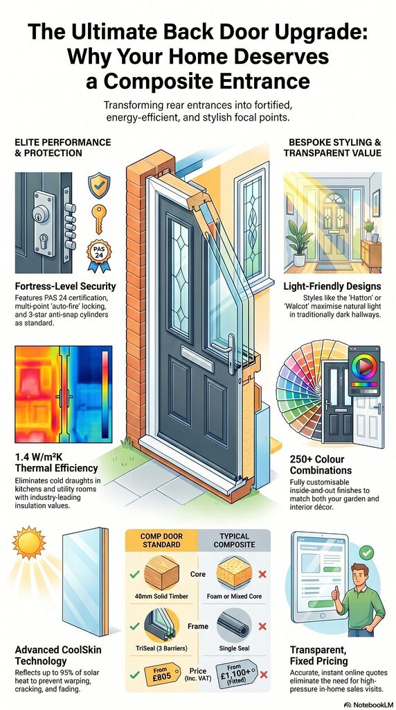 blog 38 infographic | GFD Homes GFD Homes Infographic about composite entrance doors, showing a front door being installed and benefits like security, energy efficiency, and design options.