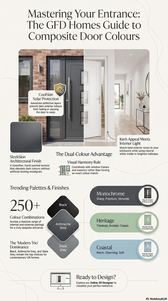 blog 39 infographic | GFD Homes GFD Homes Infographic about door colours showing a split exterior/interior doorway with color swatches and finish labels for entrances.
