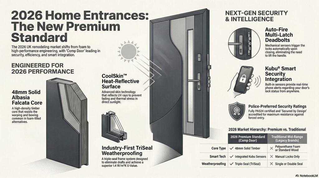 blog 4 infographic | GFD Homes GFD Homes Infographic of a secure front door with heat-reflective surface, weatherproofing, and smart security features for 2026 premium standard.