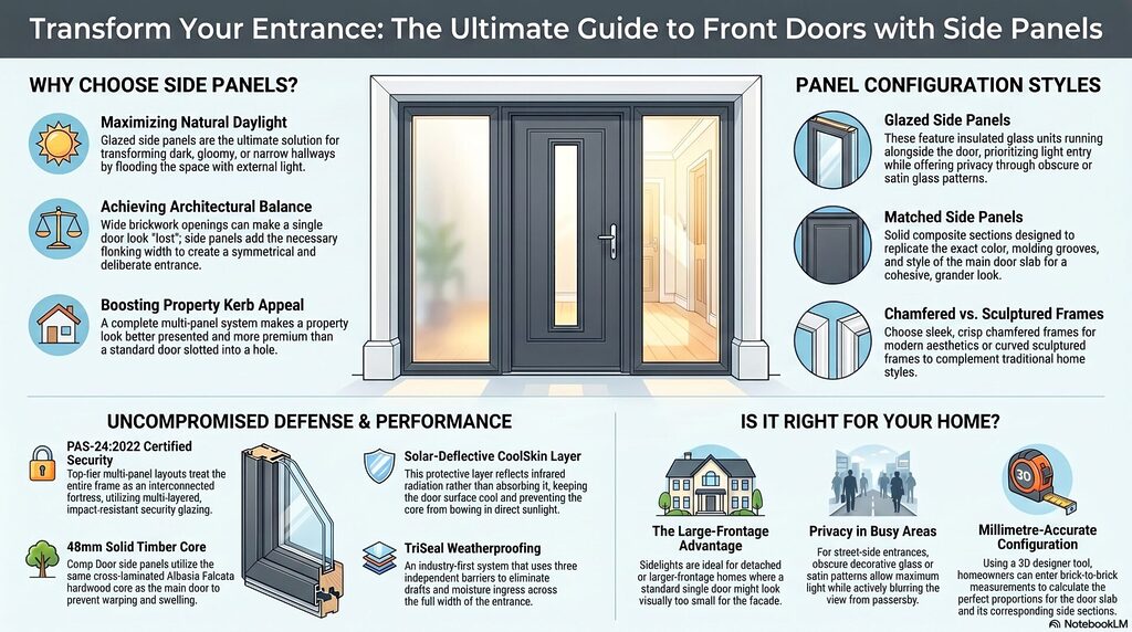 blog 40 infographic | GFD Homes GFD Homes Infographic illustrating a front door with side panels and labeled benefits (daylight, architectural balance, curb appeal) and panel styles overview on each side.