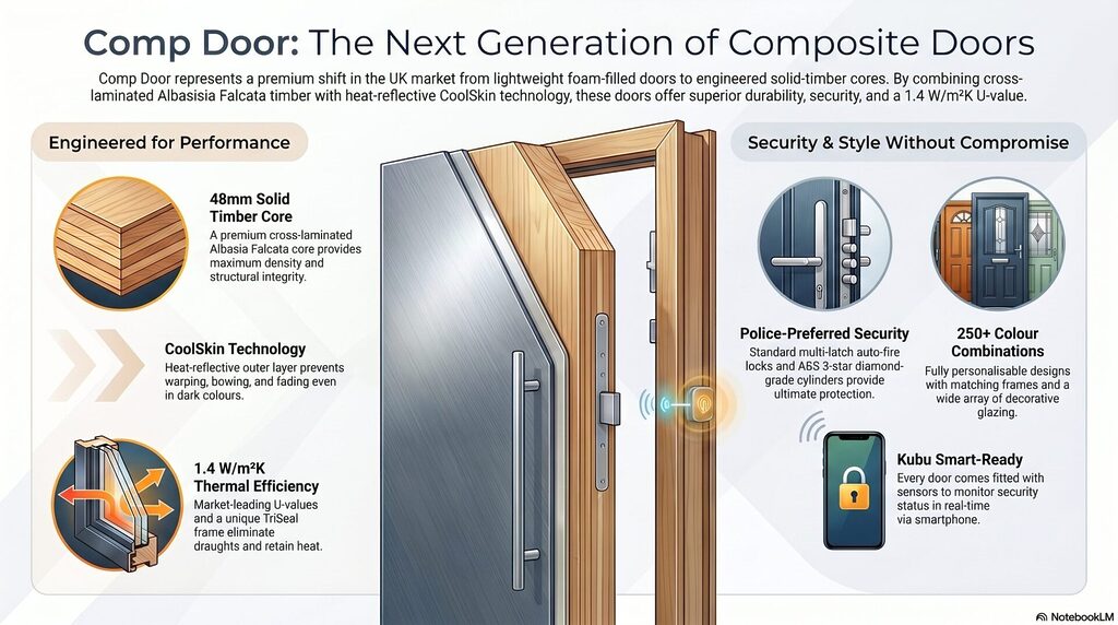 GFD Homes Infographic about Comp Door benefits: engineered timber core, CoolSkin tech, security features, and 250+ colour options showcased on a large door diagram.