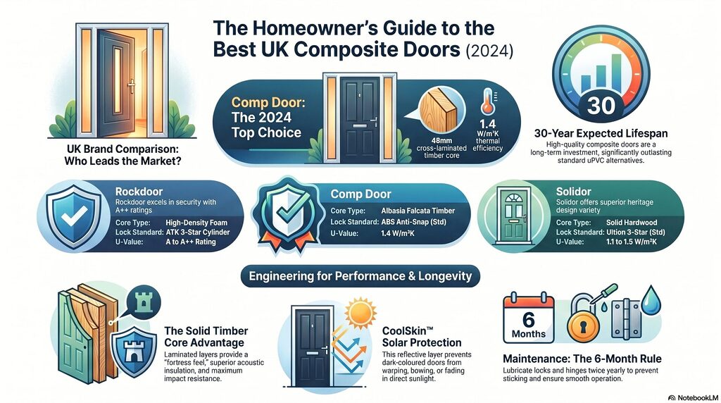 blog 6 infographic | GFD Homes GFD Homes Infographic comparing UK composite doors (2024), with doors, badges, and a 30-year lifespan gauge