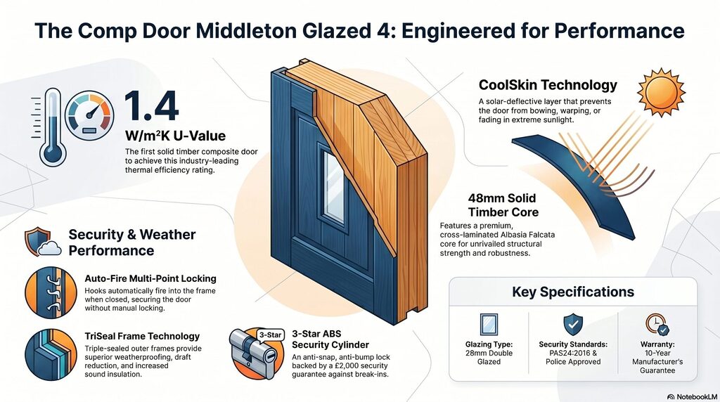 blog 7 infographic | GFD Homes GFD Homes Infographic highlighting The Comp Door Middleton Glazed 4 features: energy efficiency, sun resistance, and structural core details.