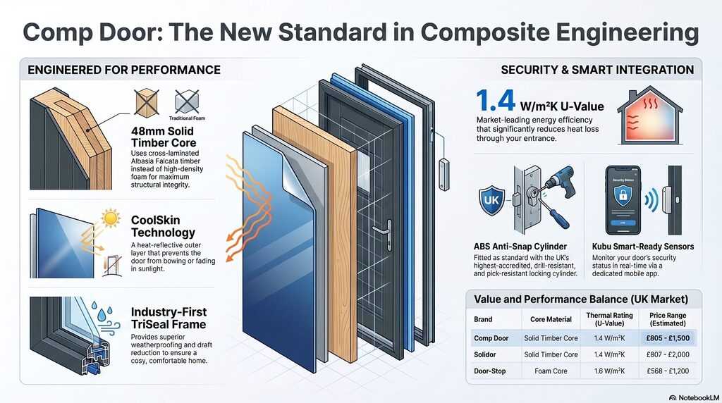 blog 8 infographic | GFD Homes GFD Homes Infographic titled'Comp Door: The New Standard in Composite Engineering' showing a cross-section door with multiple layers, core materials, and security/sensor icons.