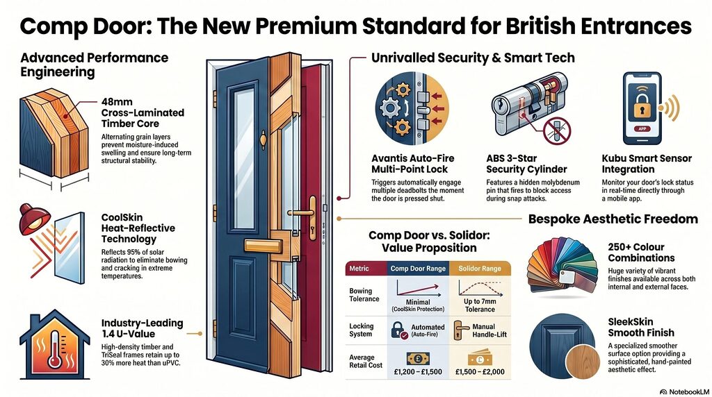 blog 9 infographic | GFD Homes GFD Homes Infographic about Comp Door features: engineered core, security tech, smart integration, and color options.