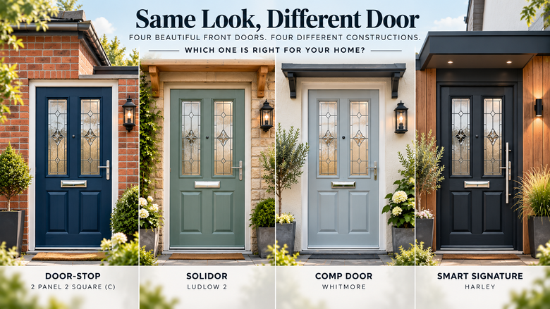 Collage of four front doors: Door-Stop, Solidor, Comp Door, and Smart Signature, each with decorative glass panels and surrounding plants.
