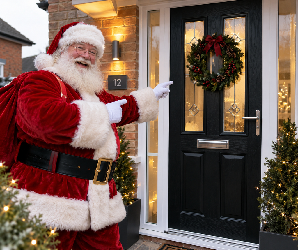 Santa Loves Solidor | GFD Homes GFD Homes Santa Claus in a red velvet suit and white fur trim points at a black front door decorated with a Christmas wreath and warm lights.