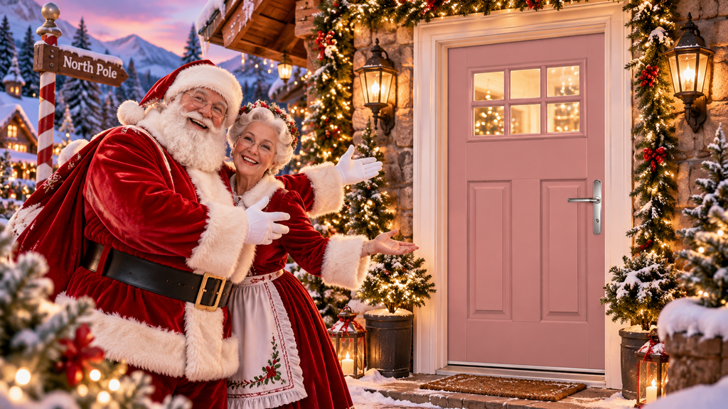 GFD Homes Santa Claus and Mrs. Claus greet warmly outside a snow-dusted festive entryway with a pink door and twinkling lights.