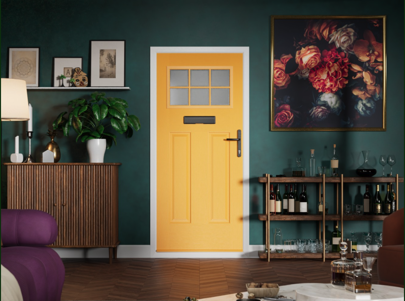 Screenshot 2026-10-13 at 151455 | GFD Homes GFD Homes Bright yellow front door with a frosted glass window and mail slot, set in a dark teal living room with a bar to the right and art above.