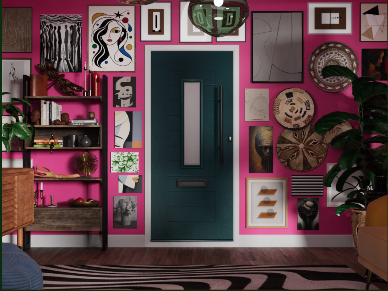 Screenshot 2026-10-19 at 100706 | GFD Homes GFD Homes Teal door centered on a hot pink gallery wall filled with varied art frames, plants, and woven decor, with a wooden shelf on the left and a zebra rug in the foreground.