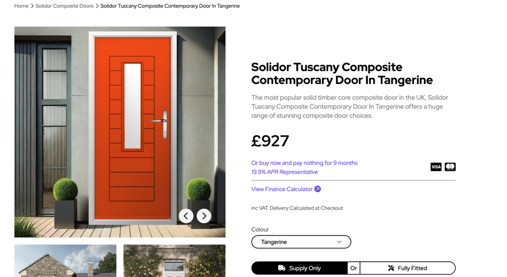 Screenshot 2026-10-19 at 103942 | GFD Homes GFD Homes Orange contemporary front door with a vertical glass panel, set in a modern entryway with gray framing and plants nearby