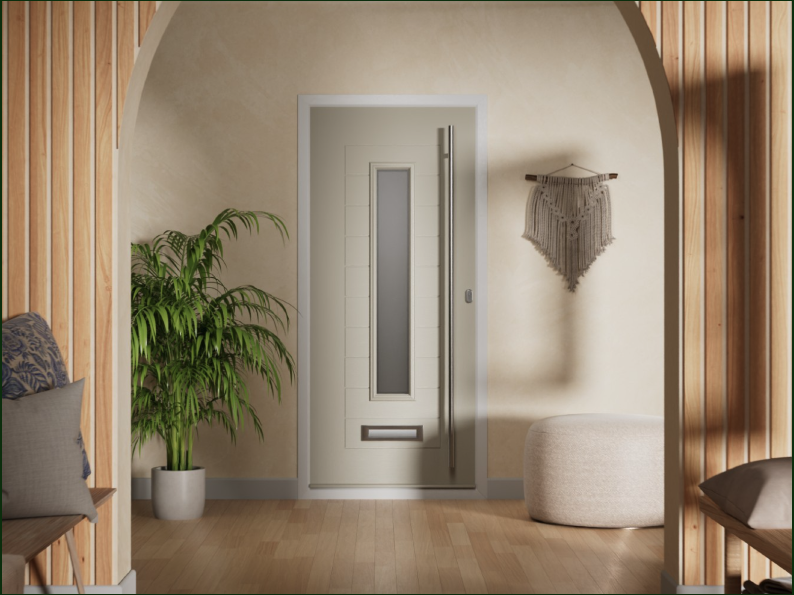 Screenshot 2026-10-19 at 110432 | GFD Homes GFD Homes Solidor Portifino Interior hallway with a curved arch, vertical wood slats, a potted plant, and a macramé wall hanging beside a tall white panel door in the center.