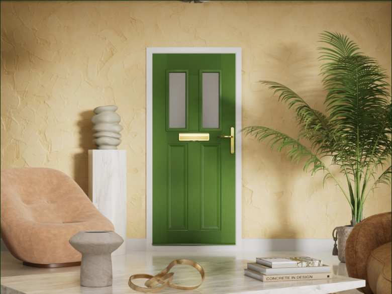 Solidor Canterbury Green door with two vertical glass panels set in a beige textured wall, framed by modern decor and a tall plant.