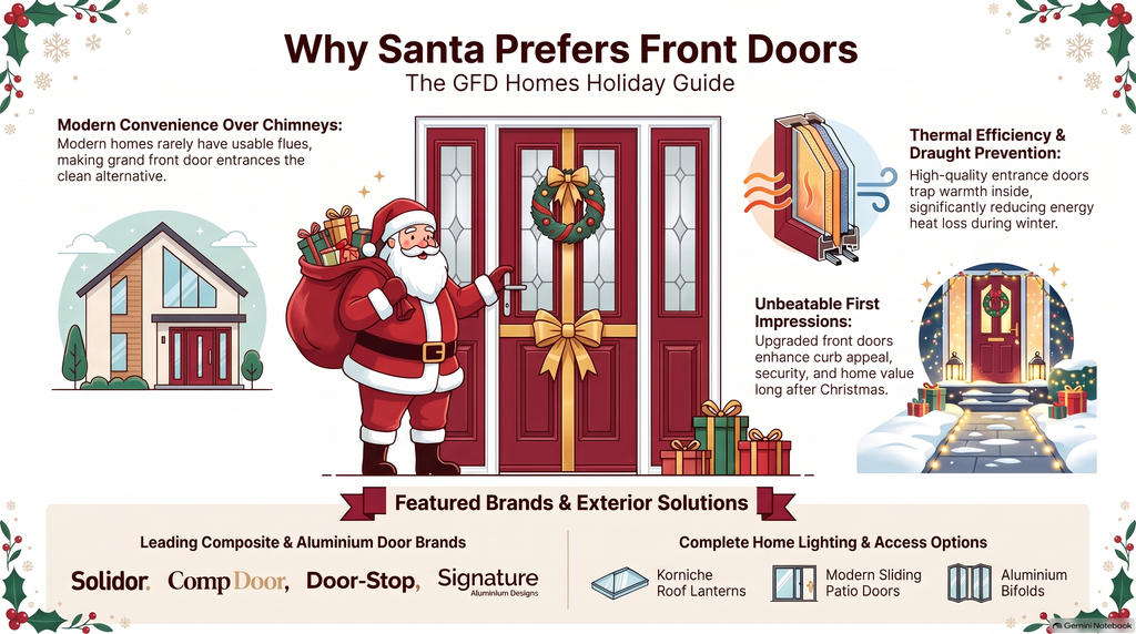 Why_Santa_Prefers_Front_Doors | GFD Homes GFD Homes Santa stands by a festive red front door with a wreath, carrying a sack of presents; holiday infographic far-right and left decorations included.