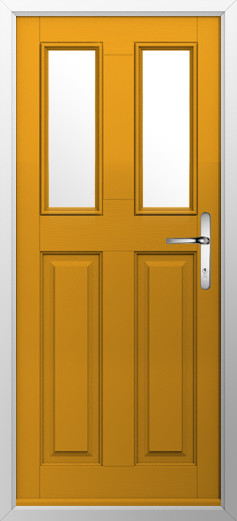 GFD Homes Orange front door with two tall glass panels and a silver door handle, framed in white.
