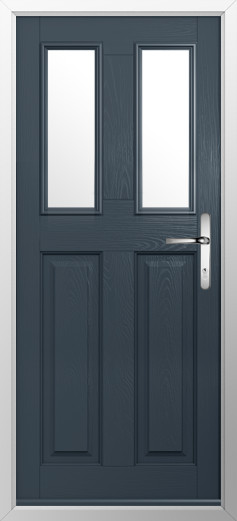 GFD Homes Blue front door with two narrow glass panels and silver handle on the right side, viewed from outside