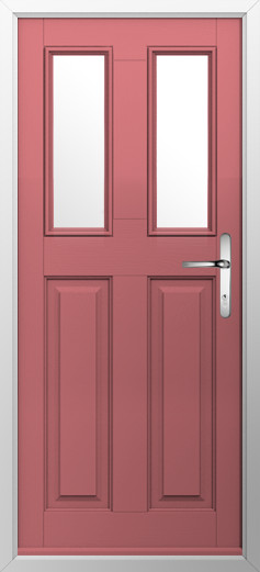 GFD Homes Red front door with two narrow glass panels and a silver door handle, set in a light frame.