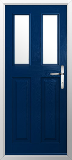 GFD Homes Blue front door with two narrow vertical glass panels, silver lever handle, set in a white frame.