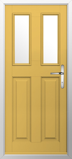 GFD Homes Yellow front door with two narrow vertical glass panels and a silver handle.