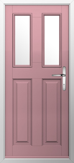 GFD Homes Pink front door with two tall rectangular glass panels and a silver handle on a white-framed doorway.