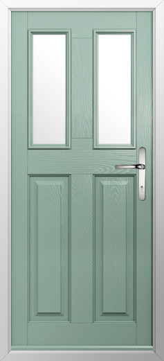 GFD Homes Mint green front door with two narrow vertical glass panes and a silver lever handle.