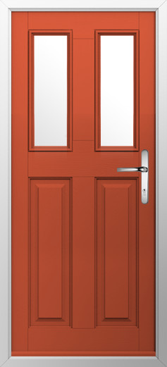 GFD Homes Red front door with two tall vertical glass panes and a silver handle