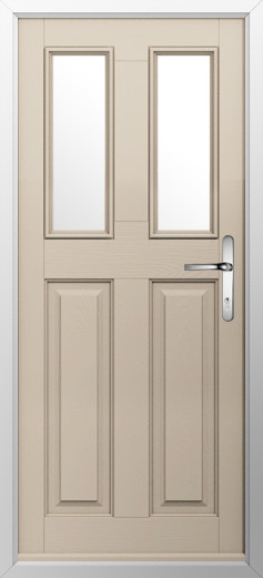 GFD Homes Beige front door with two tall vertical glass panels and a silver lever handle in a light frame.