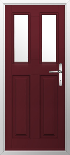 GFD Homes Burgundy front door with two tall vertical glass panels and a silver lever handle.