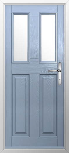 GFD Homes Blue entry door with two tall rectangular glass panels and a silver handle, framed by a white door frame.