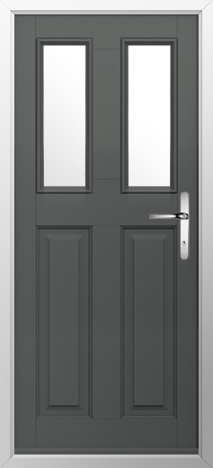 GFD Homes Dark gray front door with two tall vertical glass panels and a silver lever handle, framed by a white door frame.