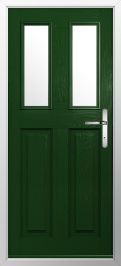 GFD Homes Green front door with two narrow vertical glass panels and a silver handle in a white frame.