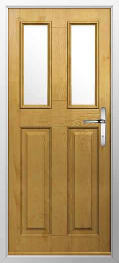 GFD Homes Wooden front door with two vertical glass panels and a silver door handle.