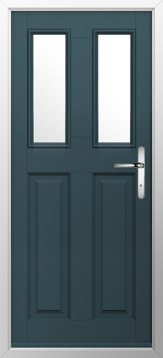 GFD Homes Blue front entry door with two tall rectangular glass panels and a silver handle, set in a white frame.